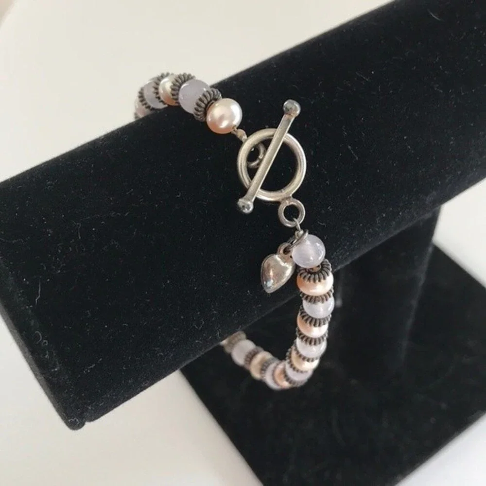 Vintage Handmade Mauve Pearls Rose Quartz Sterling Silver Charm Toggle Bracelet - Picture 3 of 9